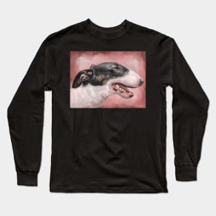 A Painting of a Black and White Bull Terrier on Pink Background Long Sleeve T-Shirt